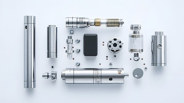 Detailed Exploded View of an Electronic Cigarette Highlighting the Internal Components Such as Battery Coil and Pod