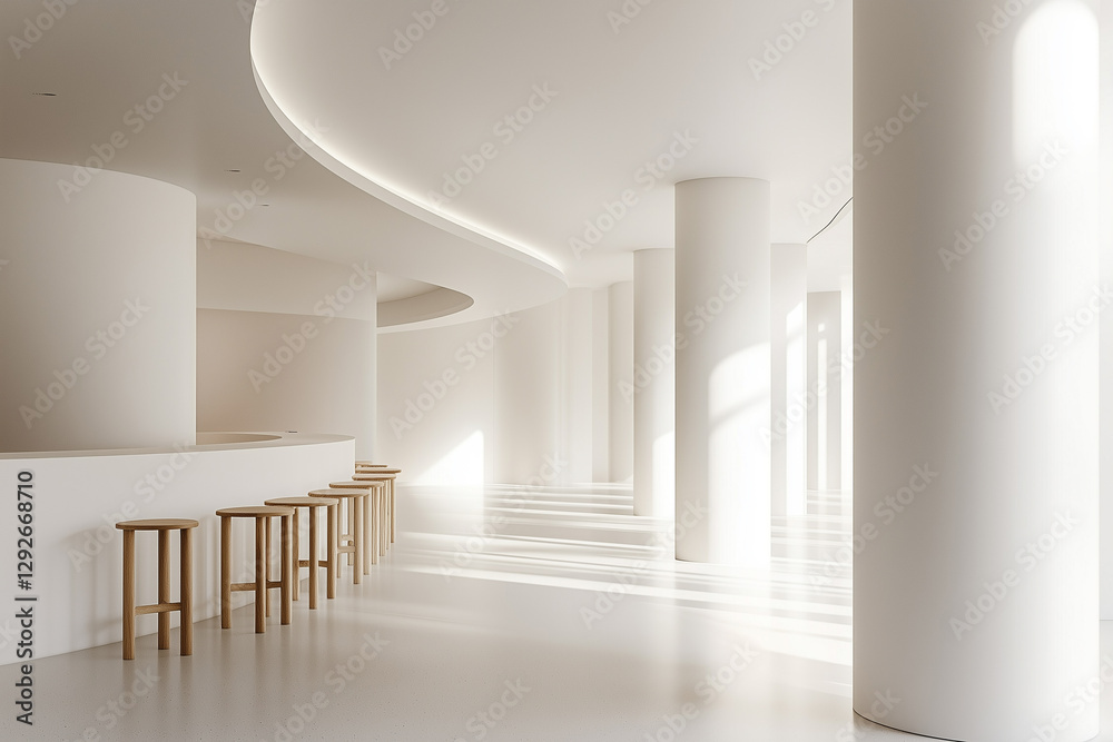 Poster Minimalist co working space with curved architecture and wooden stools, featuring soft lighting and serene atmosphere
