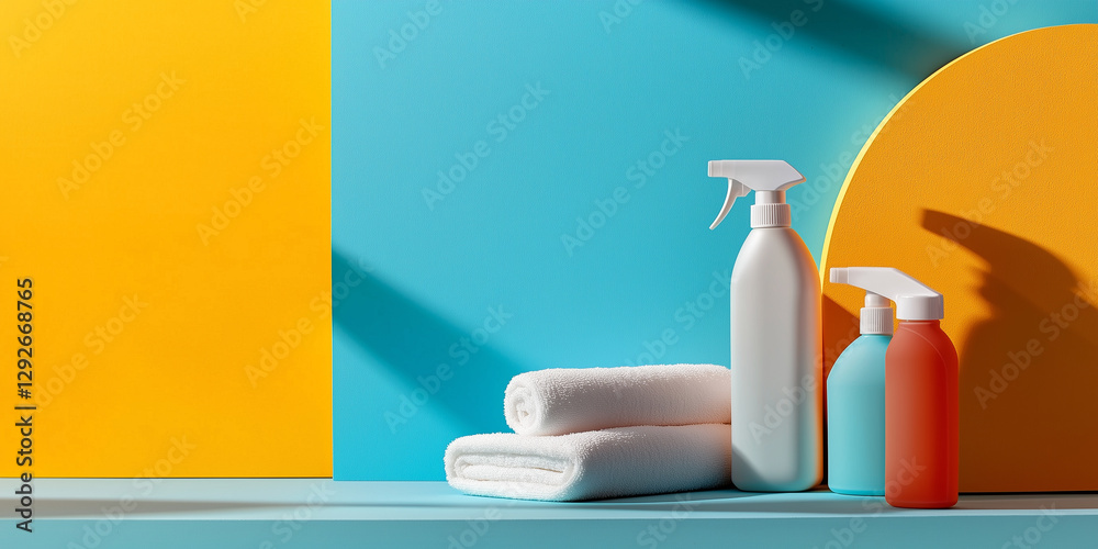 Poster Minimalist abstract art with cleaning tools like spray bottles and towels against vibrant background. composition features bright colors and geometric shapes, creating modern aesthetic