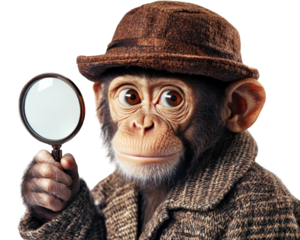 monkey wearing detective hat holds magnifying glass, showcasing curiosity and intelligence. This playful scene captures essence of investigation and exploration
