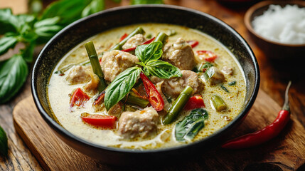  thai green curry chicken with basil and peppers food dish meal milk bowl spicy asian lunch