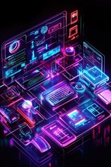 A glowing holographic design of tech icons in a futuristic style