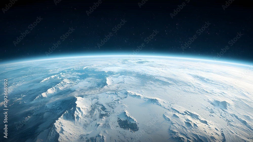 Poster detailed satellite view showcasing the polar regions of the exoplanet proxima b capturing its icy la