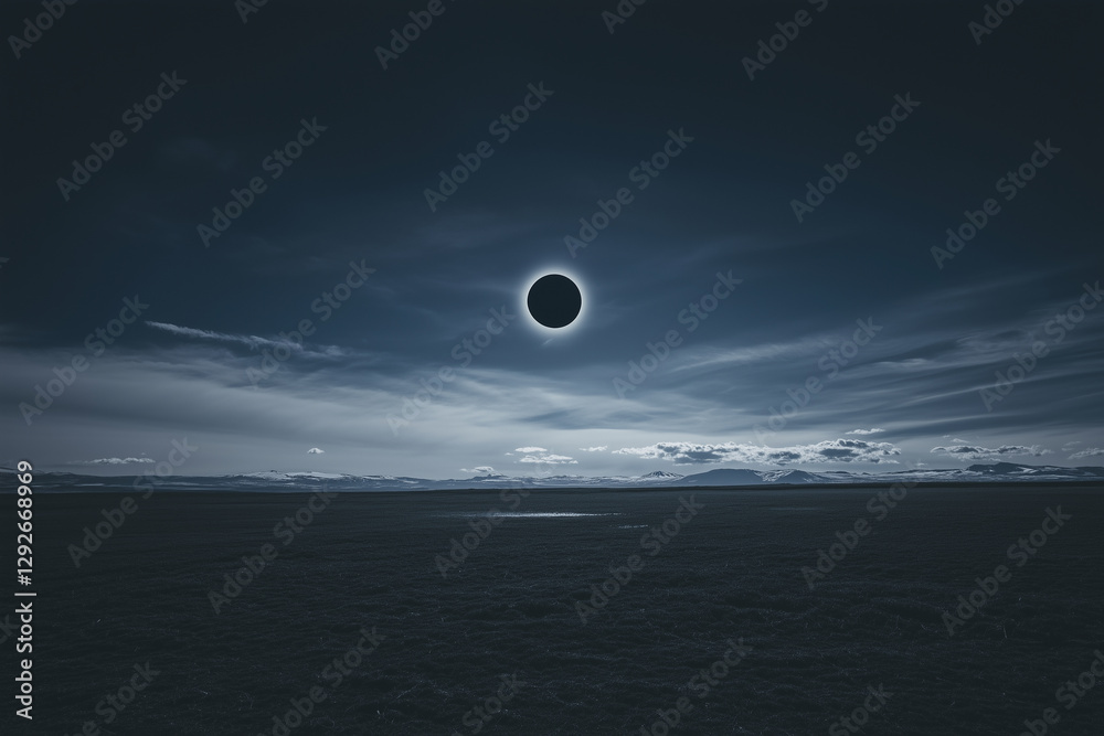 Poster dramatic solar eclipse casts shadows over vast landscape, creating mysterious and awe inspiring sky.