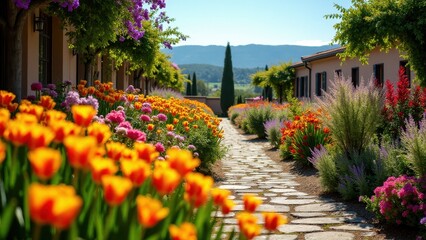 A beautiful garden path lined with vibrant Italian flowers, including tulips and other colorful blooms, leading to a scenic view of distant mountains.