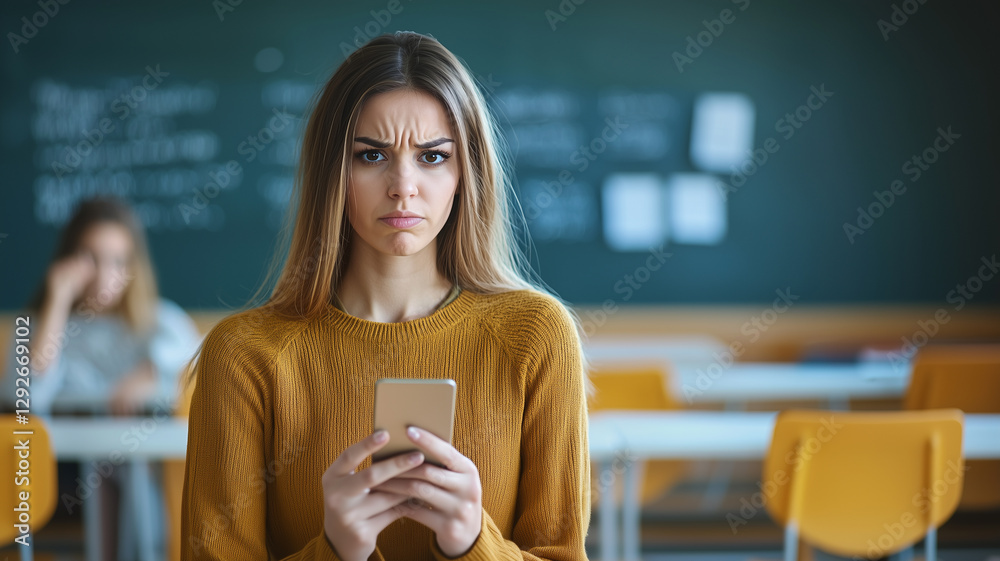 Poster woman with concerned expression holds smartphone in classroom setting, with chalkboard and desks in 