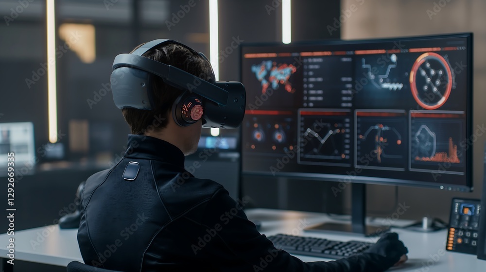 Poster a virtual reality environment where a user interacts with a cybersecurity dashboard, highlighting th