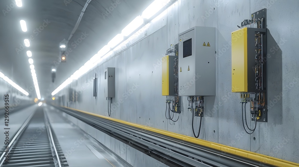 Poster Detailed technical showcasing the electrical and signaling systems being installed in a modern railway tunnel infrastructure  The image depicts the complex grid of wiring panels