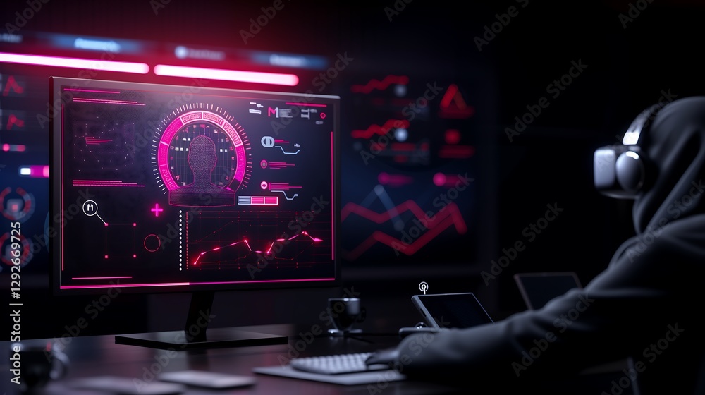 Poster a virtual reality interface displaying real-time cybersecurity analytics, with graphs, threat levels
