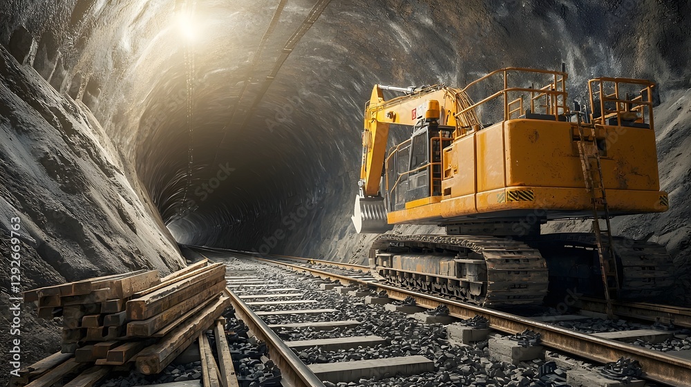Poster Detailed view of the construction phase and engineering processes involved in the building of a curved railway tunnel through a rugged landscape