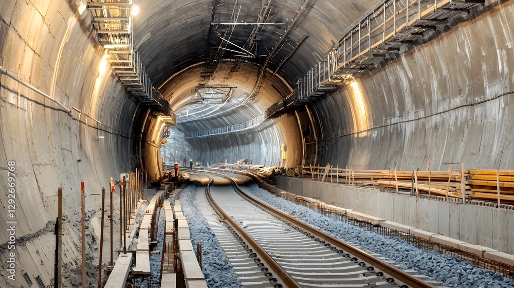 Aufkleber Detailed view of the construction phase of a curved railway tunnel showcasing the intricate engineering processes involved in building this complex transportation infrastructure
