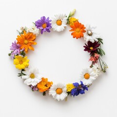 Obraz premium Floral wreath with assorted colorful flowers on a white background.