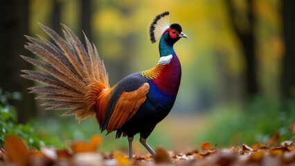 A vibrant lady amherst pheasant standing on a forest floor with colorful plumage and a striking tail.