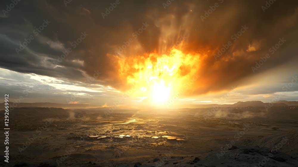 Poster dramatic and apocalyptic scene depicting a powerful solar flare eruption causing a raging storm on a