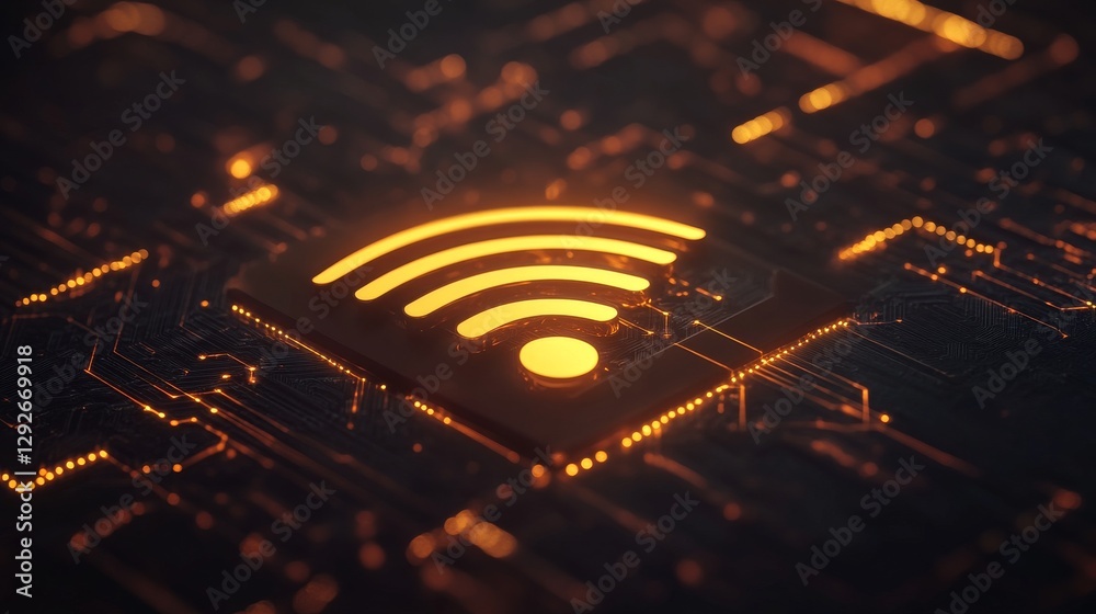 Aufkleber glowing orange wifi symbol on a dark futuristic circuit board background, representing digital conne