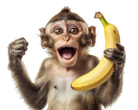 Monkey holding banana, making funny face, expressing joy and excitement. This playful animal showcases lively personality, perfect for fun and whimsical themes - Powered by Adobe