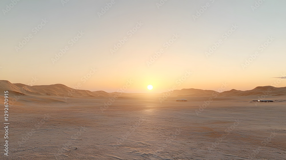 Poster ethereal desert sunrise casting a warm glow over a rugged mountainous landscape with sand dunes and 