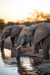 Fototapeta premium A group of elephants drinking at a waterhole during sunset