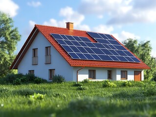 Solar panels on house, green field