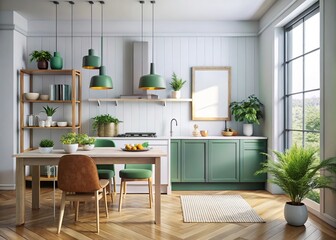 Fototapeta premium 3D render: Modern kitchen, framed art in a minimalist setting.