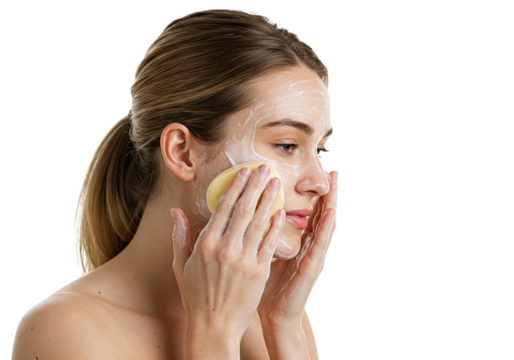Woman washing her face, transparent PNG, isolated, cut-out
