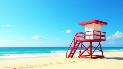 A red and white lifeguard tower stands on a sandy beach with a clear blue sky and ocean waves in the background.