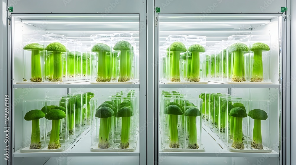 Poster experimental setup showcasing fungi exposed to gamma radiation in a controlled laboratory chamber ph