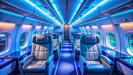 Fototapeta premium A modern airplane's interior, bathed in a long exposure blue light.
