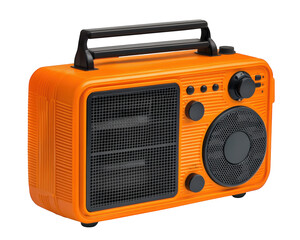 Portable radio with rugged exterior, ideal for outdoor use, featuring vibrant orange color and multiple controls for tuning and volume adjustment