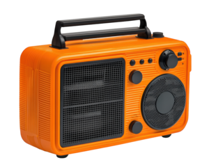 Portable radio with rugged exterior, ideal for outdoor use, featuring vibrant orange color and multiple controls for tuning and volume adjustment