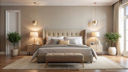 Softly illuminated bedroom scene with high-quality beige bed and comfortable mattress, surrounded by calming wall colors and a few tasteful decorative items, calming atmosphere, bedroom