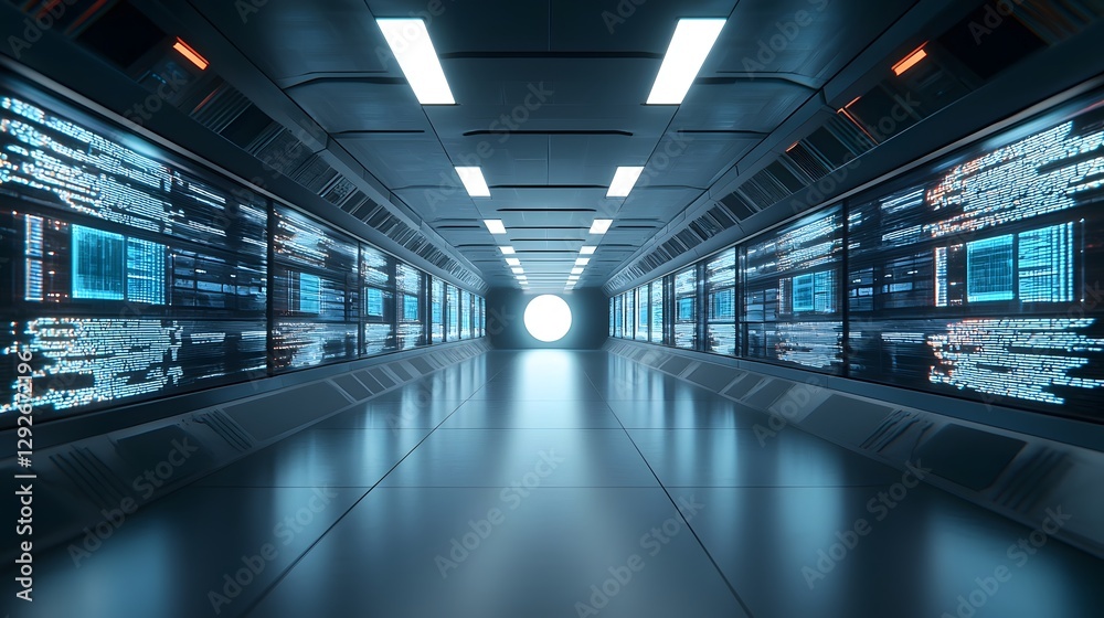 Fototapete futuristic alien archive with holographic timelines displaying the history and development of variou