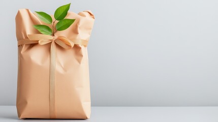 Eco Friendly Gift, A Brown Paper Bag with Green Leaves and a Ribbon, Promoting Sustainability