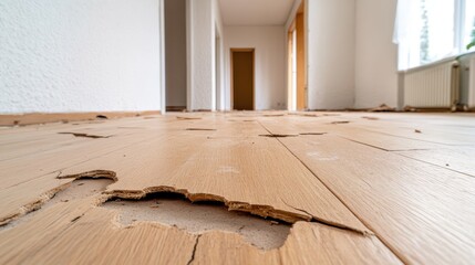 Damaged hardwood flooring with missing pieces showing deterioration in a bright hallway, indicating needed home repair