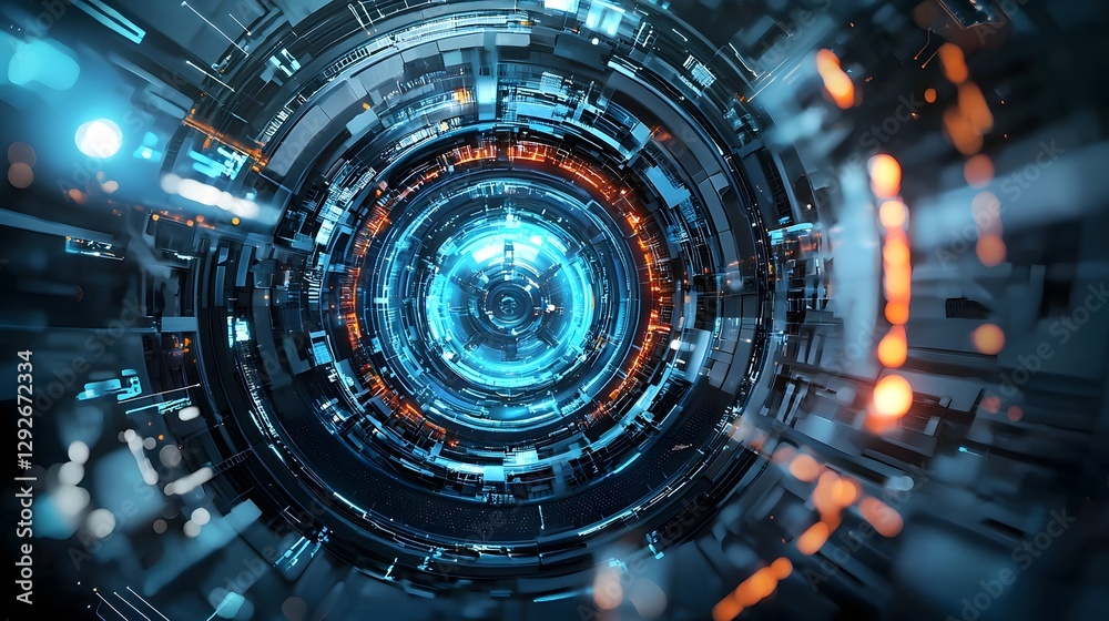 Poster Futuristic alien power generator harnessing unknown cosmic forces surrounded by a complex network of glowing conduits and illuminated spheres  This image depicts a highly advanced