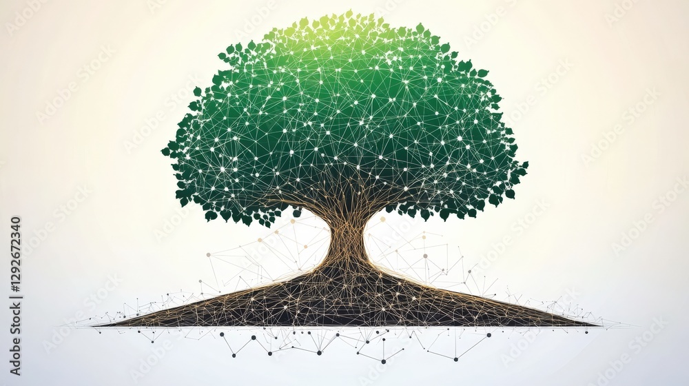 Poster abstract representation of a tree with interconnected nodes symbolizing growth and technology (3)