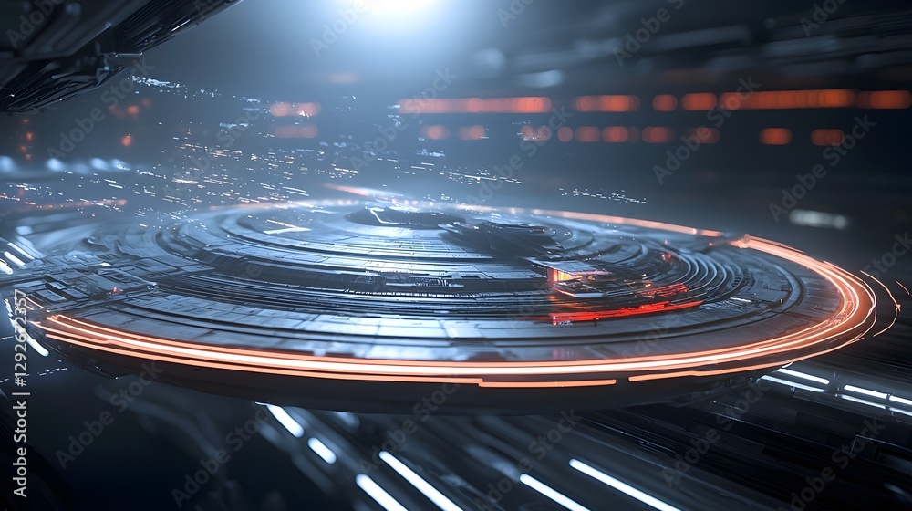 Poster Futuristic alien transportation system with hovering platforms moving along glowing radiant light paths in a surreal hypermodern environment  Digital concept visualization of an advanced
