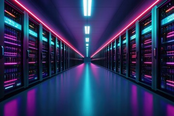 Fototapeta premium Futuristic data center with AI-controlled server racks glowing in neon blue and purple, high-tech cloud computing visualization