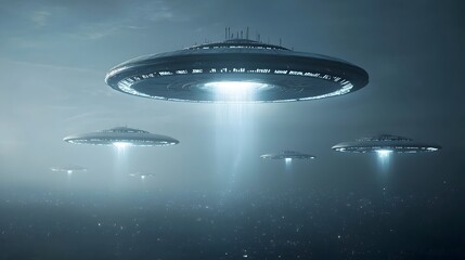 Obraz premium Futuristic alien defense system with a fleet of hovering orbs projecting powerful energy shields offering protection against potential celestial threats This otherworldly