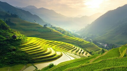 Tranquil Rice Terraces in Misty Valley during Early Morning Light