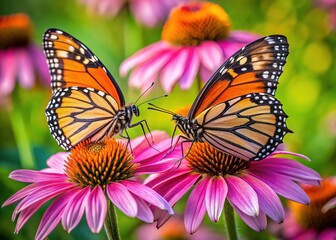 Fototapeta premium Aerial view of monarch butterflies on vibrant pink coneflowers.