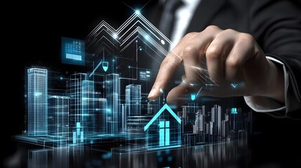 Cutting edge real estate technology with AI powered analytics holographic city maps highlighting lucrative properties and smart investment recommendations presented in a sleek digital environment