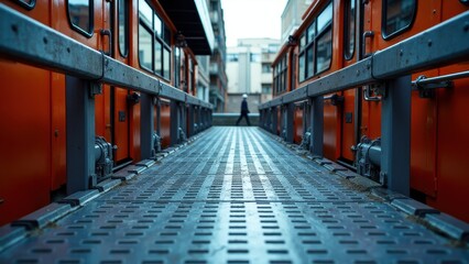 A metal ramp between two orange industrial vehicles in an urban setting.