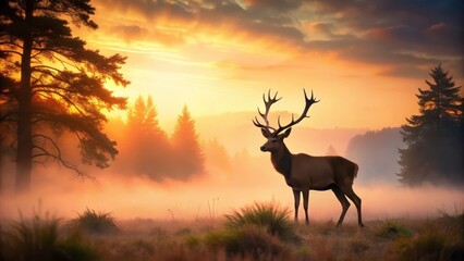 A majestic deer stands alone in a misty forest landscape at dawn, its silhouette stark against the soft pink and orange hues of sunrise , wildlife photography, wildlife