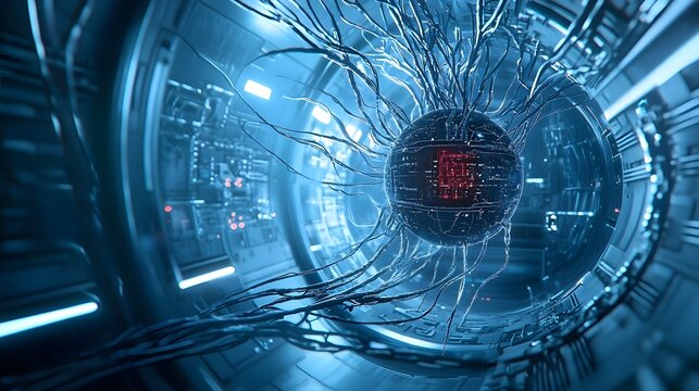 Futuristic digital art visualization depicting an alien intelligence core encased within a swirling electromagnetic plasma field