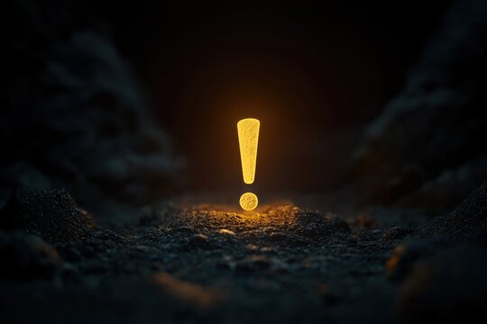Fiery exclamation mark illuminates dark cave adventure mysterious journey visual exploration enigmatic atmosphere thrilling concept