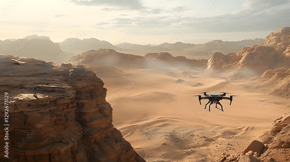 Poster Futuristic extraterrestrial drone with advanced sensors scanning and mapping an otherworldly remote and desolate alien landscape of rugged canyons cliffs