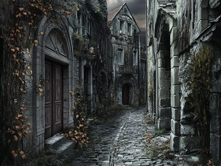 Mysterious abandoned street with overgrown buildings and cobblestone path.