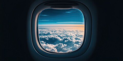 Fototapeta premium A high-altitude airplane window view of white clouds and blue skies