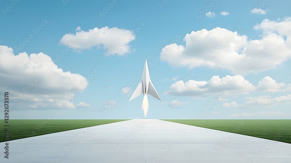 Poster Futuristic paper rocket with angular wings soaring into the sky lifting off from a sleek minimalist paper runway amidst clouds and blue skies   a conceptual